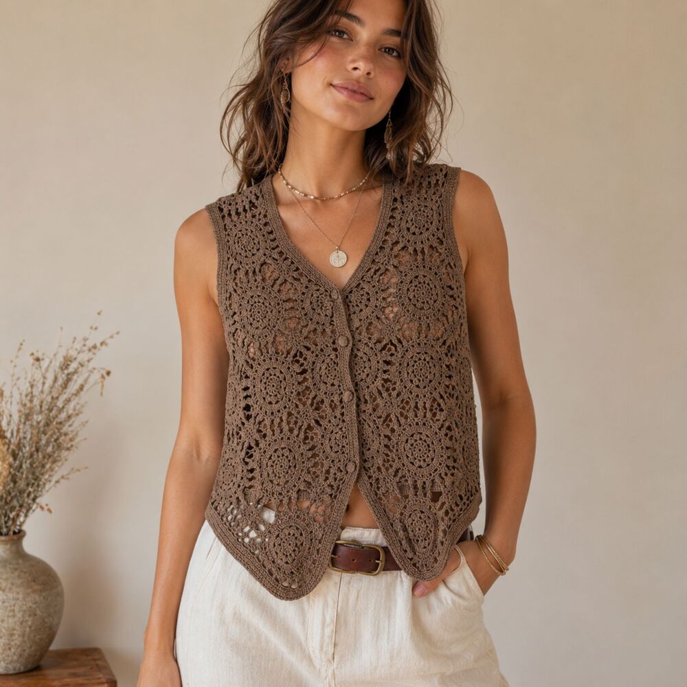 Y2K Cotton Crochet Festival Fairy Hippie Brown Vest